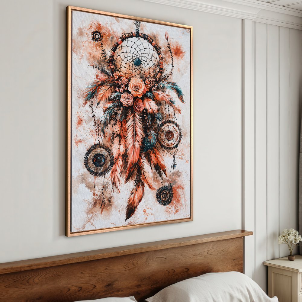 Framed Wall Art: Dreamcatcher print in warm orange and teal tones. Boho style canvas print adds a touch of zen to your bedroom decor.