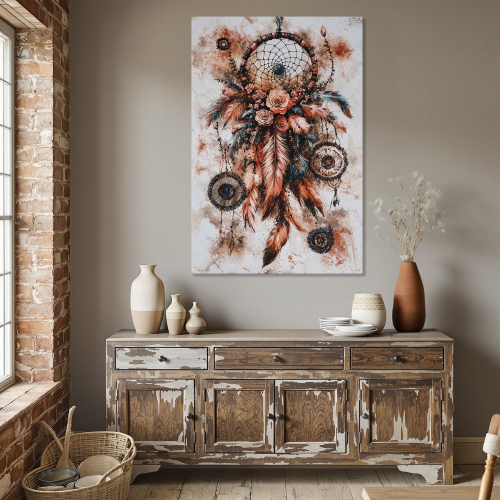 Framed Wall Art: Dreamcatcher Canvas Print in boho style with warm orange and teal tones, perfect for dining room decor.