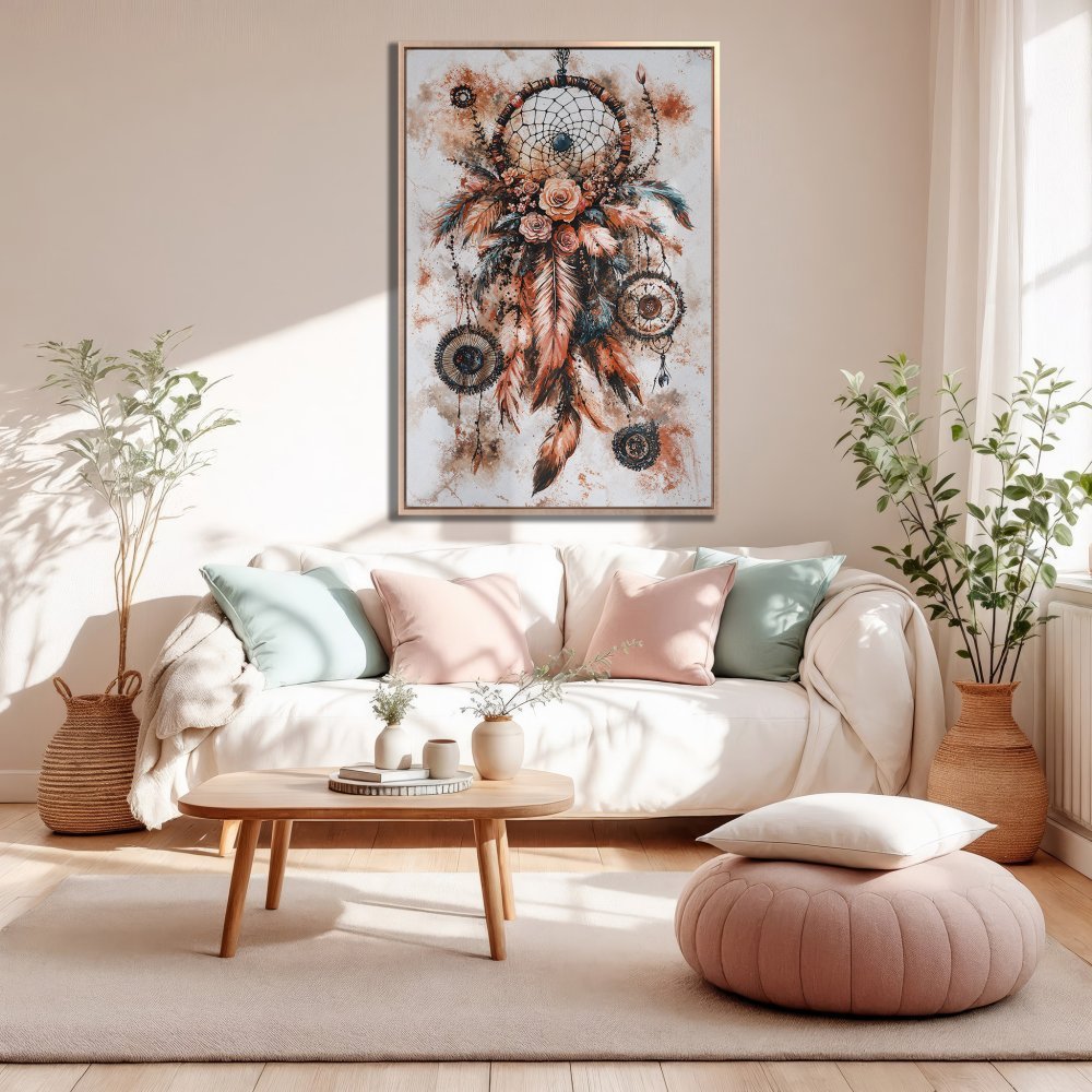 Framed Wall Art: Dreamcatcher print in boho style. Earthy tones of brown, teal, and peach add warmth to any living room. Shop now!