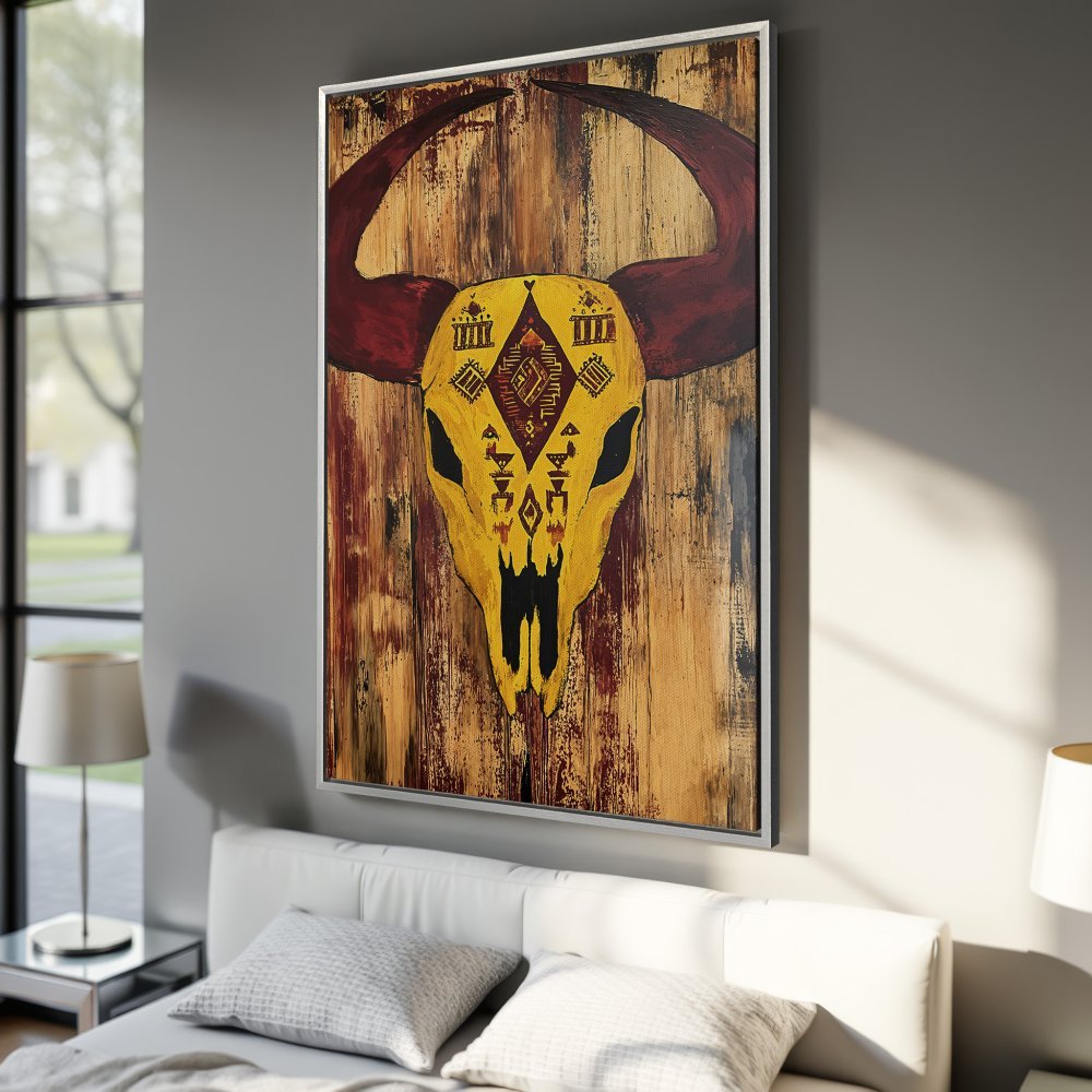 Framed Wall Art: Southwestern bull skull canvas print in warm yellow, red, and brown tones. Rustic decor for bedroom or living room.