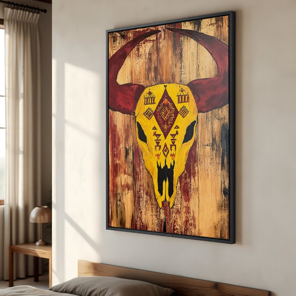 Framed Wall Art: Bold bull skull painting in warm yellow, red, and brown tones. Rustic style canvas print perfect for adding a statement piece to your home decor.