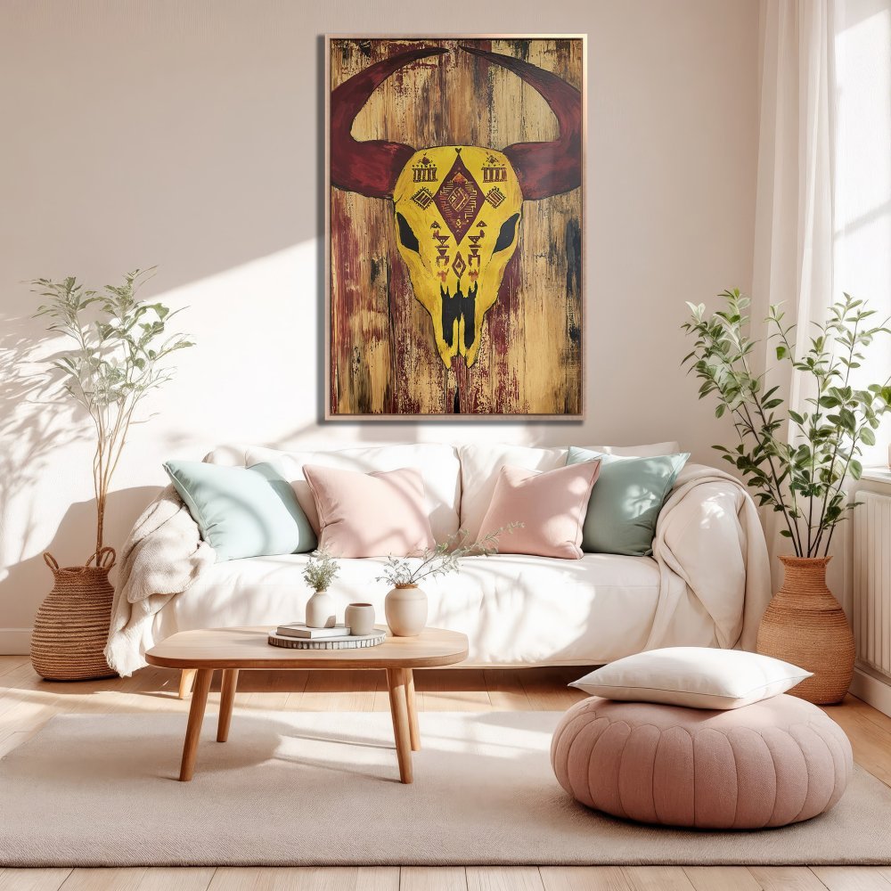 Framed Wall Art: Southwestern bull skull canvas print in warm yellow, red, and brown tones. Perfect for adding a rustic touch to your living room!