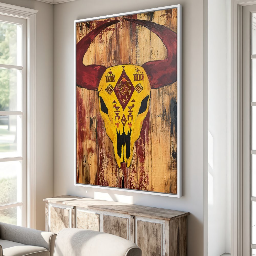 Framed Wall Art: Bold bull skull canvas print in rustic style. Features a warm yellow, red, and brown color palette, perfect for adding a statement piece to your home.