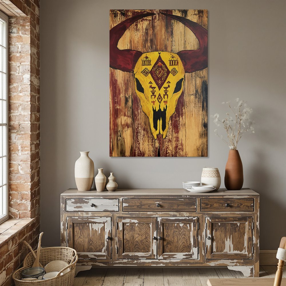 Framed Wall Art: Bold bull skull painting in warm yellow, red, and brown tones. Rustic style canvas print perfect for your dining room decor.