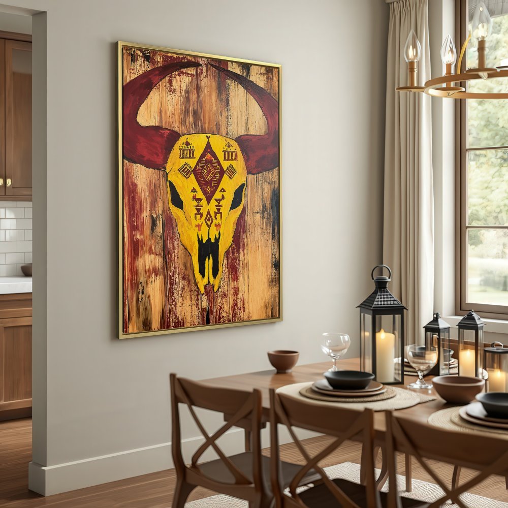 Canvas Print of a bull skull in a rustic style with a yellow, red, and brown color palette. Add unique wall art to your space!