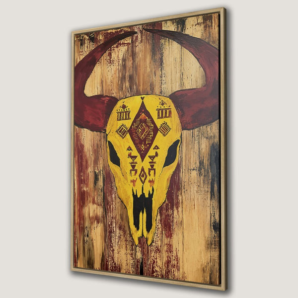 Framed Wall Art: Abstract bull skull Canvas Print in warm yellow, red, and brown tones. Rustic style for a unique home decor statement.