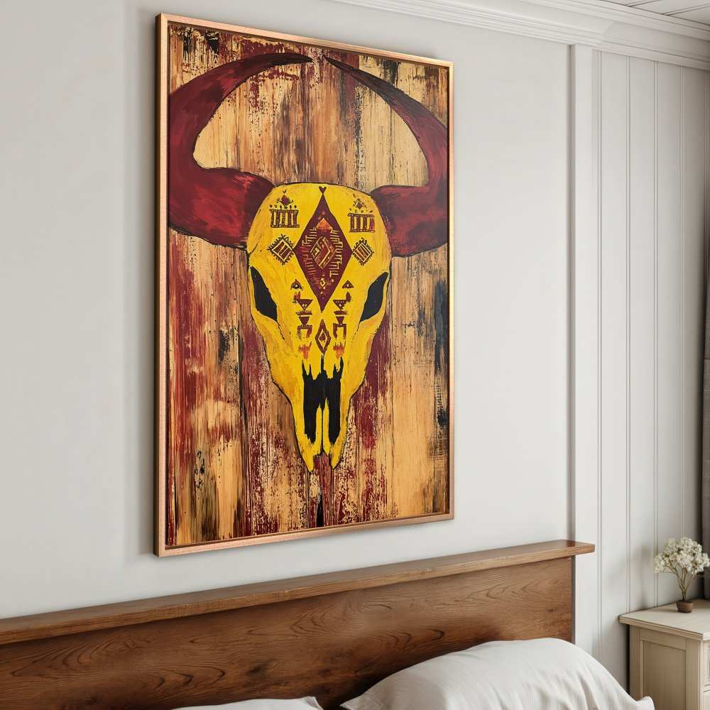 Framed Wall Art: Abstract bull skull Canvas Print in rustic style. Features yellow, red, and brown color palette. Perfect for boho home decor.