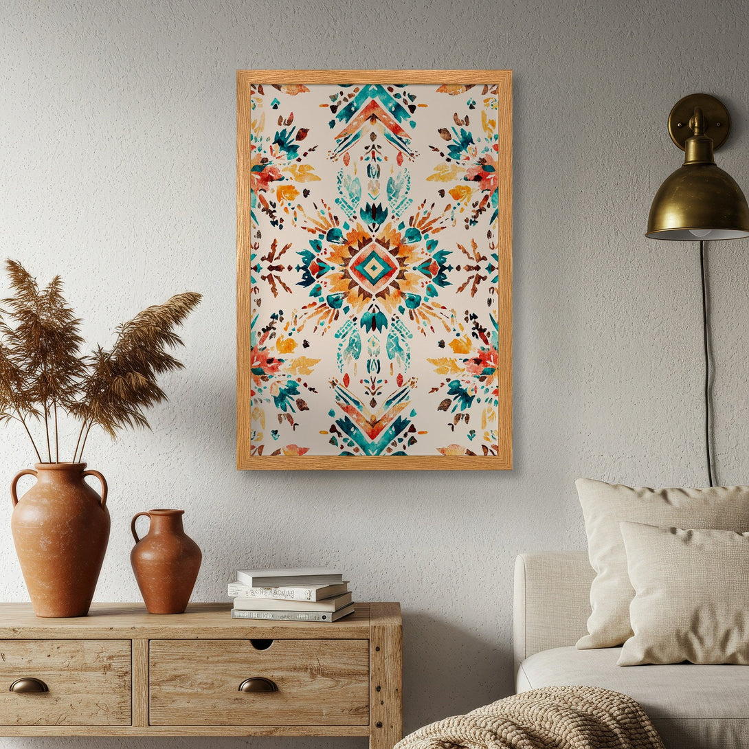 Framed Poster featuring a vibrant, abstract floral design in teal, orange, and brown hues. Perfect wall art for a stylish home.
