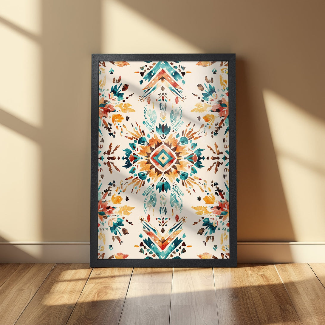 Framed Poster featuring a watercolor tribal design in teal, orange, and brown hues. Perfect for adding bohemian style to your home.