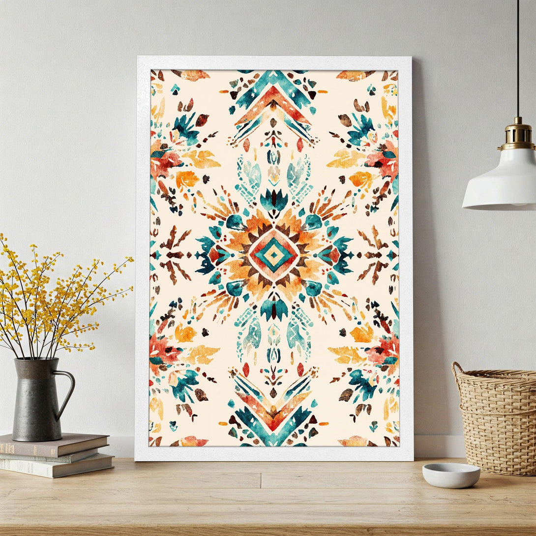 Framed Poster featuring a watercolor tribal design in teal, orange, and cream. Perfect wall art for your home!