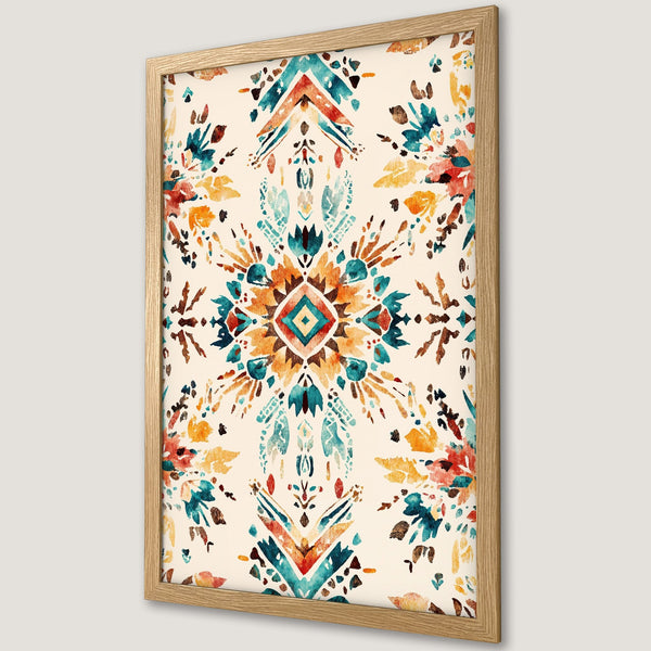 Framed Poster featuring a watercolor tribal pattern in teal, orange, and brown hues. Perfect for adding a touch of bohemian style to your space.