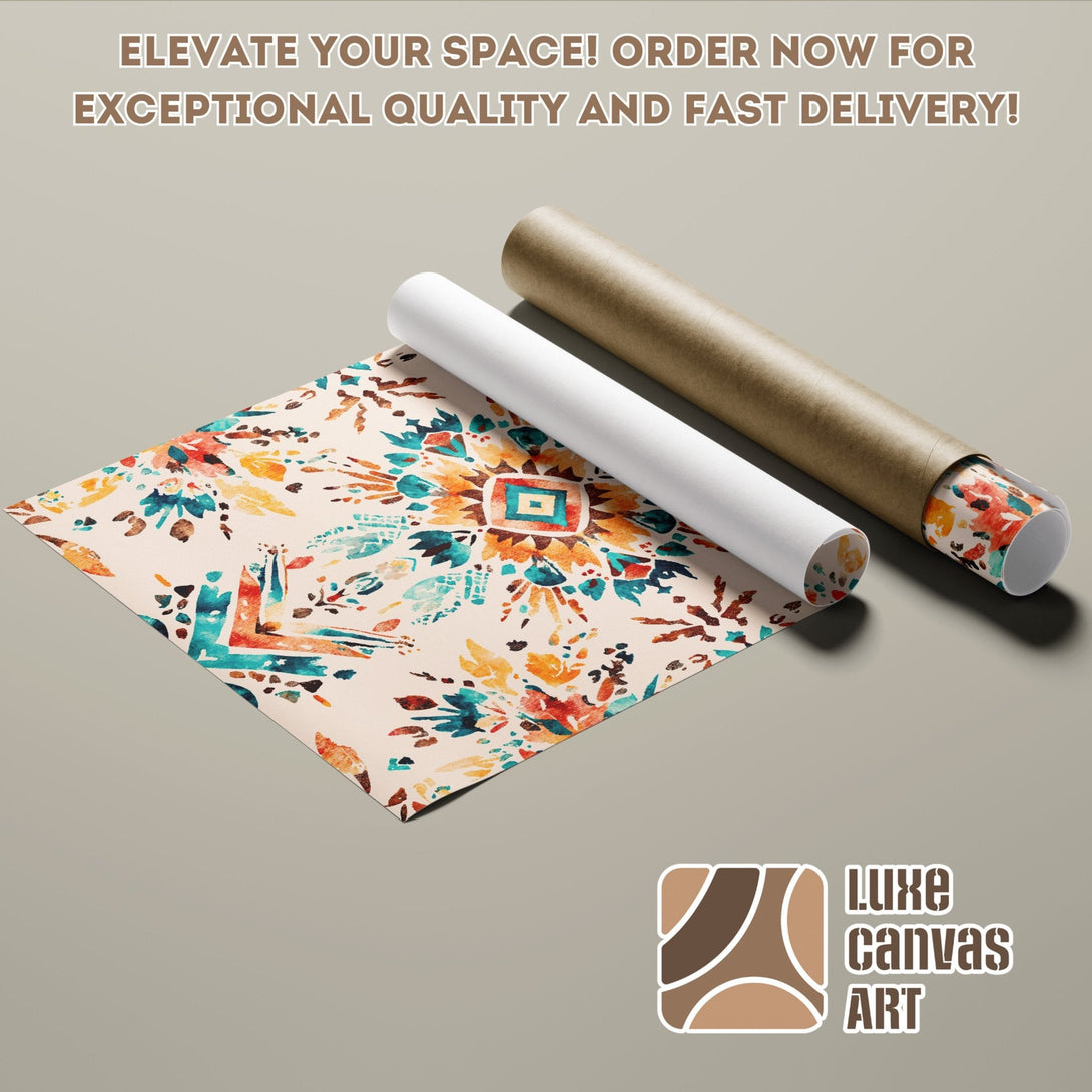 Abstract floral Poster Roll art in teal, orange, and beige. Elevate your space with Luxe Canvas Art!