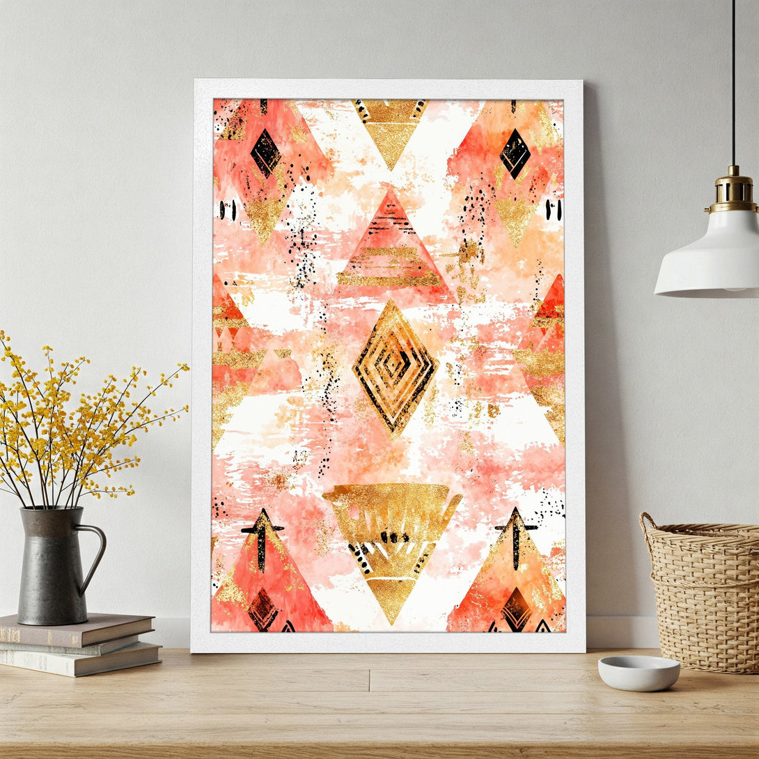Framed Poster featuring an abstract geometric design in coral, gold, and black watercolor style. Modern wall art for home decor.