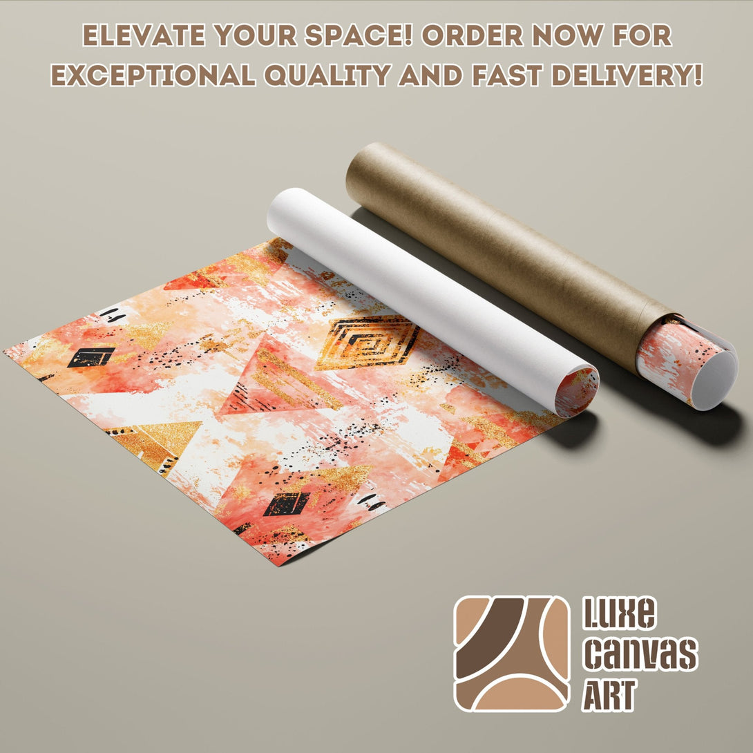 Abstract art poster roll with coral, gold, and black accents. Modern art style. Perfect wall decor! Order your poster today!