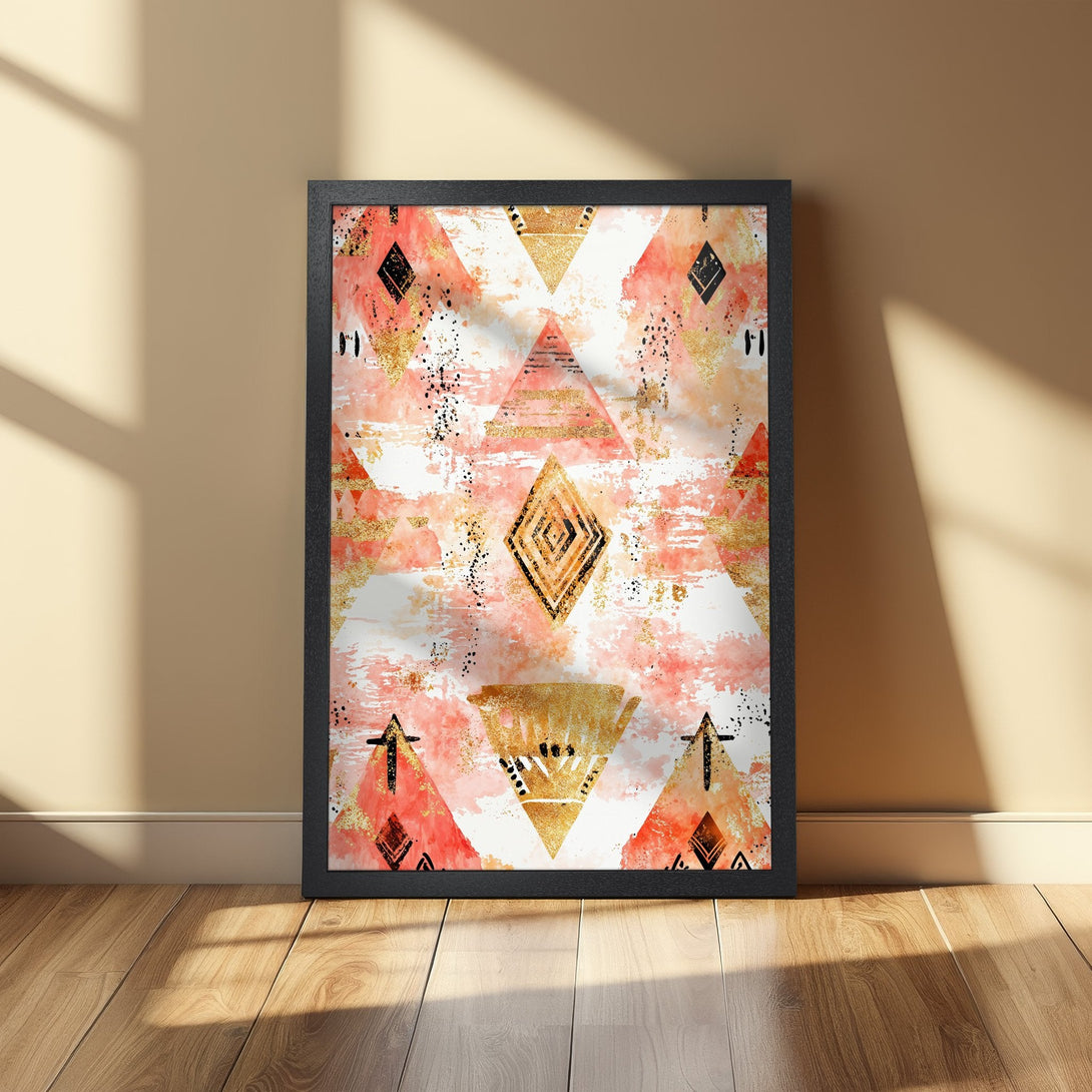 Framed Poster featuring a geometric design in coral, gold, and black. Modern abstract art for home decor.