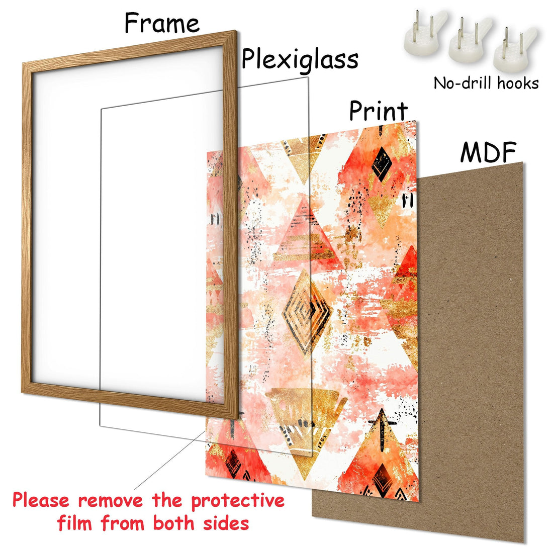 Framed Poster with abstract geometric art in coral, gold, and white. Modern wall art for your home.