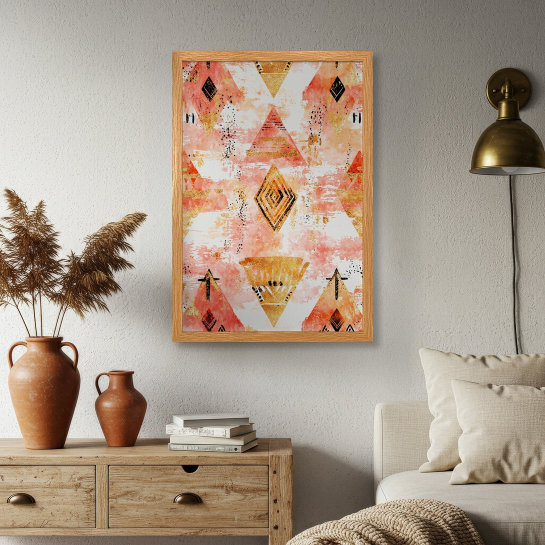 Framed Poster featuring abstract geometric art in a warm peach and gold color palette, perfect for adding a touch of modern style to your home decor.