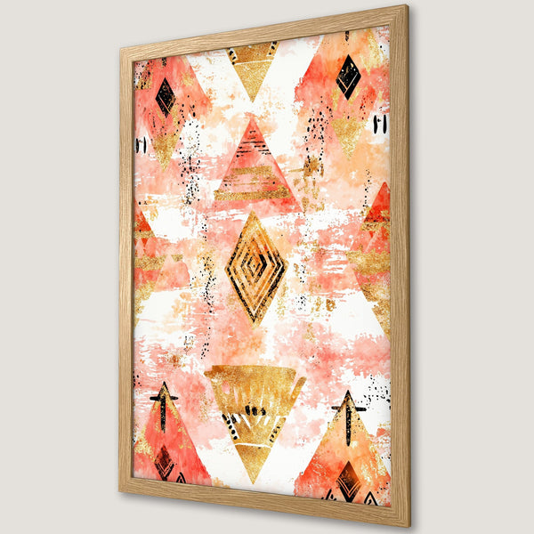 Framed Poster featuring abstract geometric art in coral, gold, and black. Modern decor for your home.
