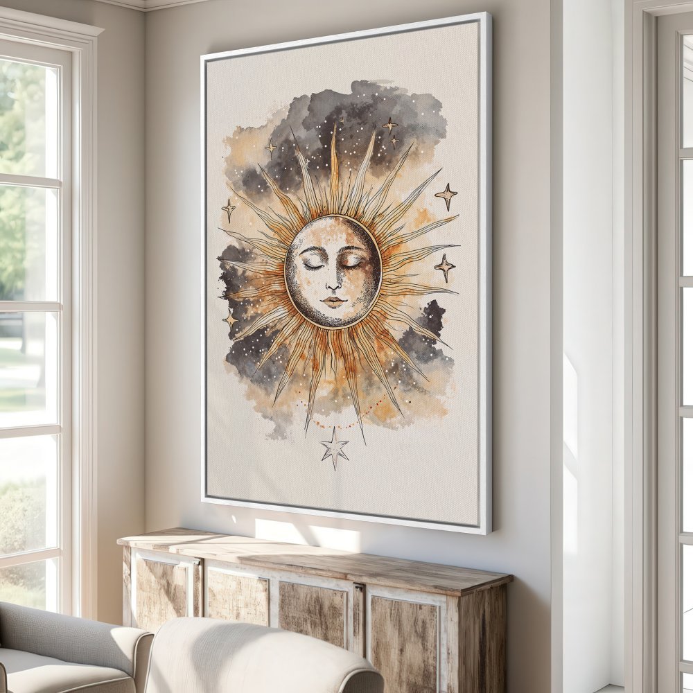 Framed Wall Art: Celestial sun art print in warm earth tones. Boho style canvas print perfect for living room or bedroom decor.