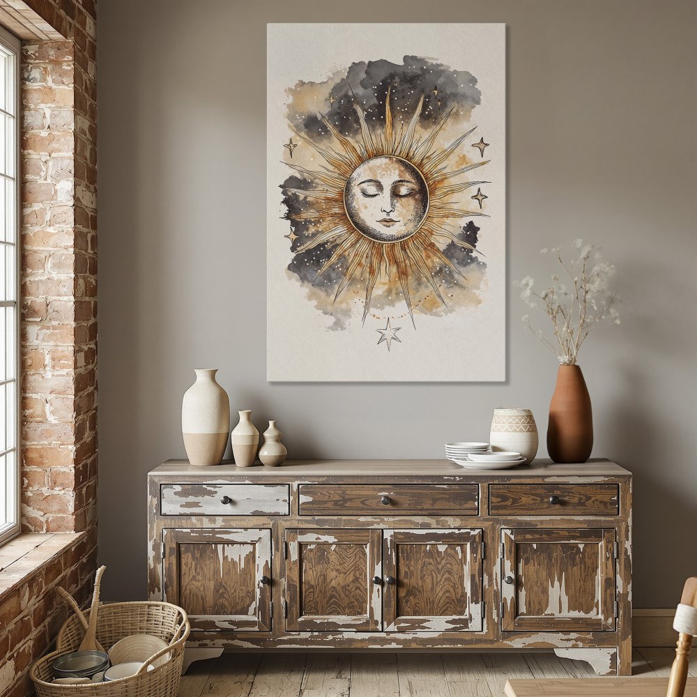Framed Wall Art: Celestial sun watercolor print in gold, brown, and gray tones. Perfect for adding bohemian style to your dining room.