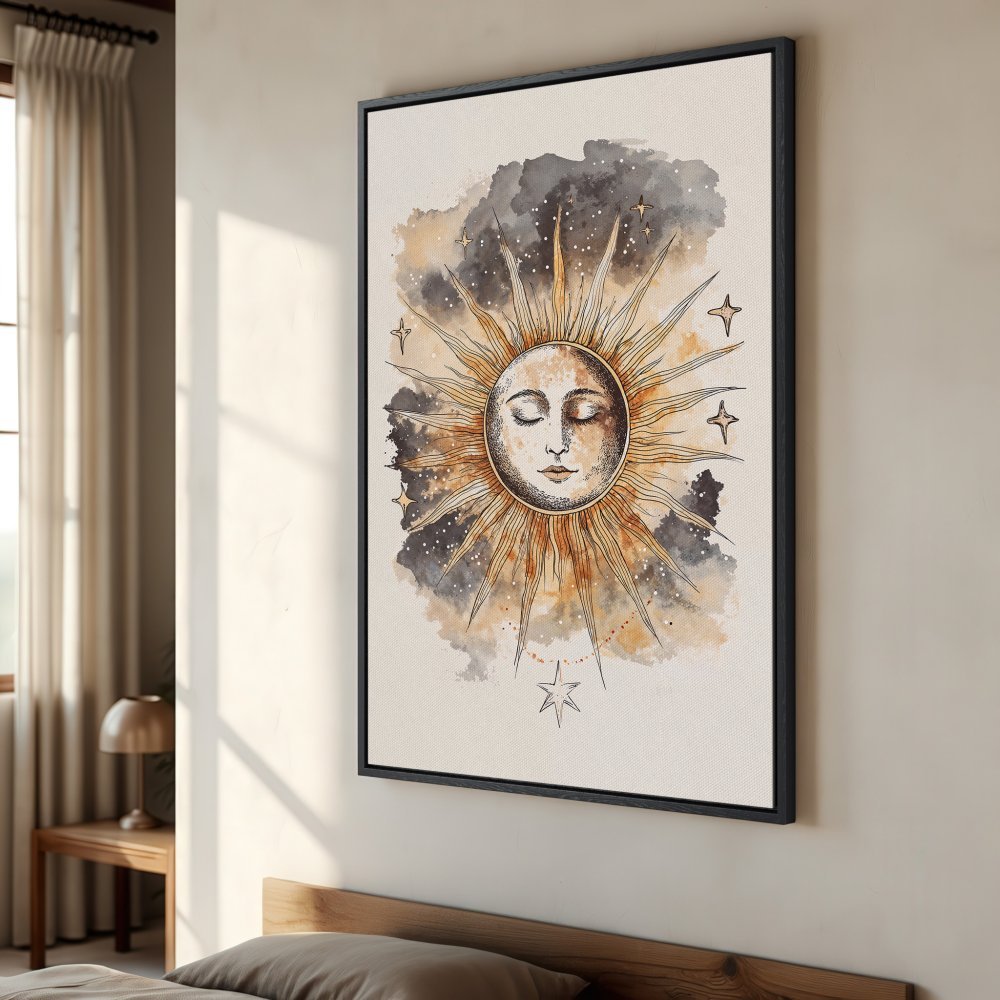 Framed Wall Art: Celestial sun watercolor print in warm earth tones. Add bohemian style to your bedroom decor with this stunning canvas print!