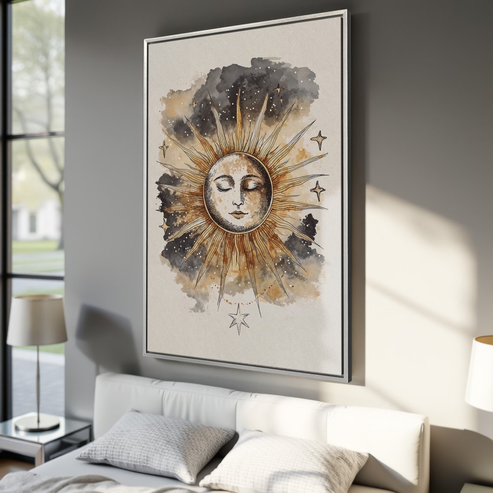 Framed Wall Art: Celestial sun watercolor print in warm gold and gray tones. Perfect for bedroom decor. Shop now!