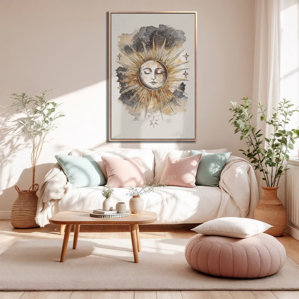 Framed Wall Art: Watercolor sun print in neutral tones. Adds a touch of boho style to any living room. Shop now!