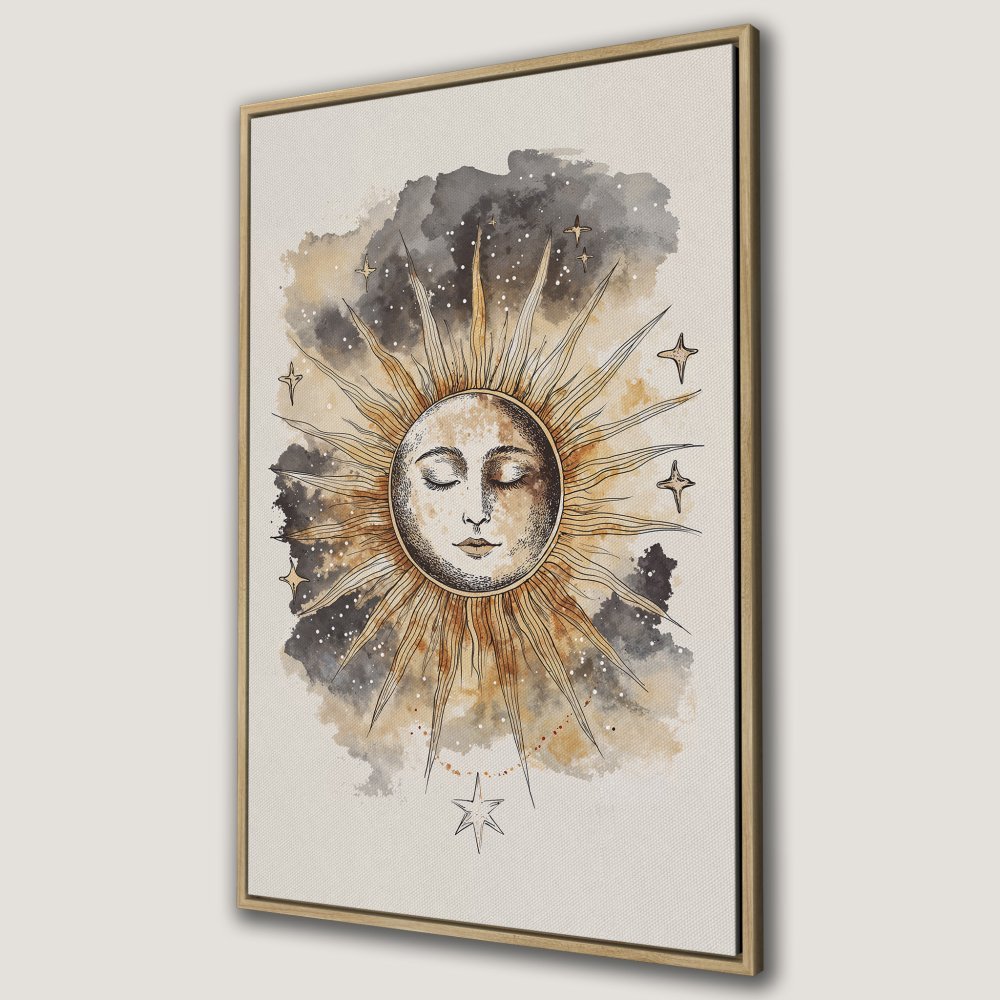 Framed Wall Art: Celestial sun face canvas print in neutral tones. Boho style art for bedroom or living room decor.