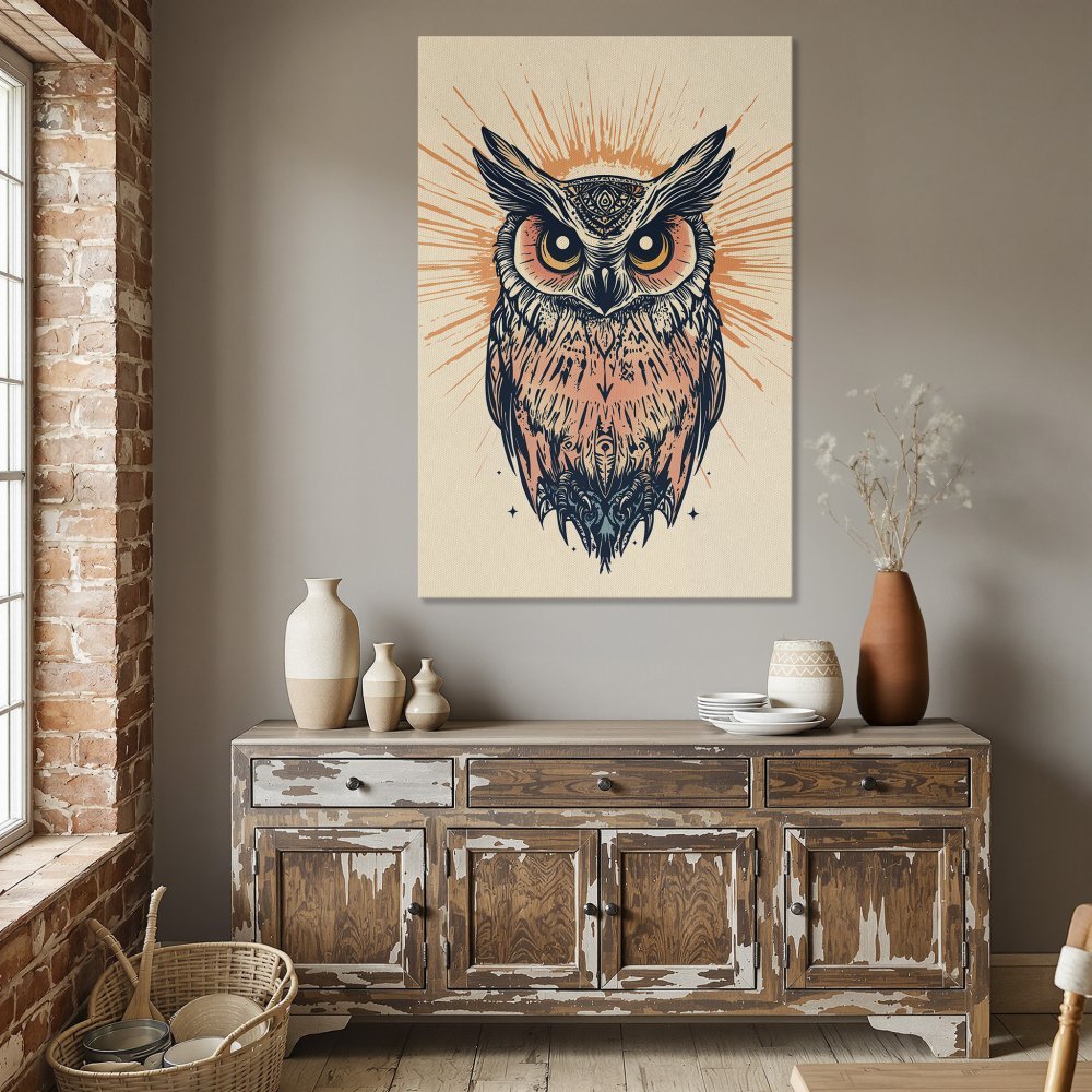 Framed Wall Art: Boho owl illustration in peach, blue, and gold. Add a touch of nature and style to your dining room with this unique Canvas Print.