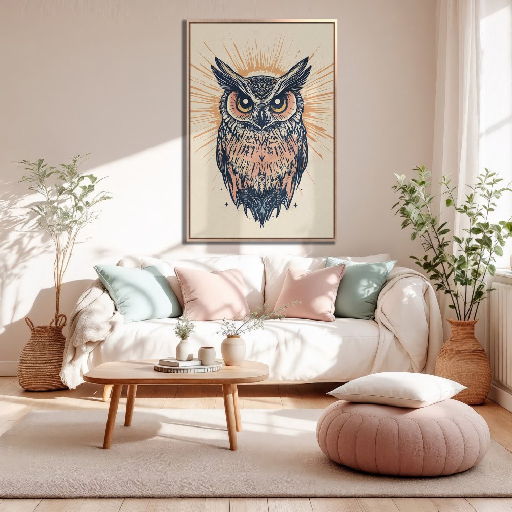Framed Wall Art: Boho owl illustration in neutral tones. Add a touch of nature & style to your home with this unique canvas print.