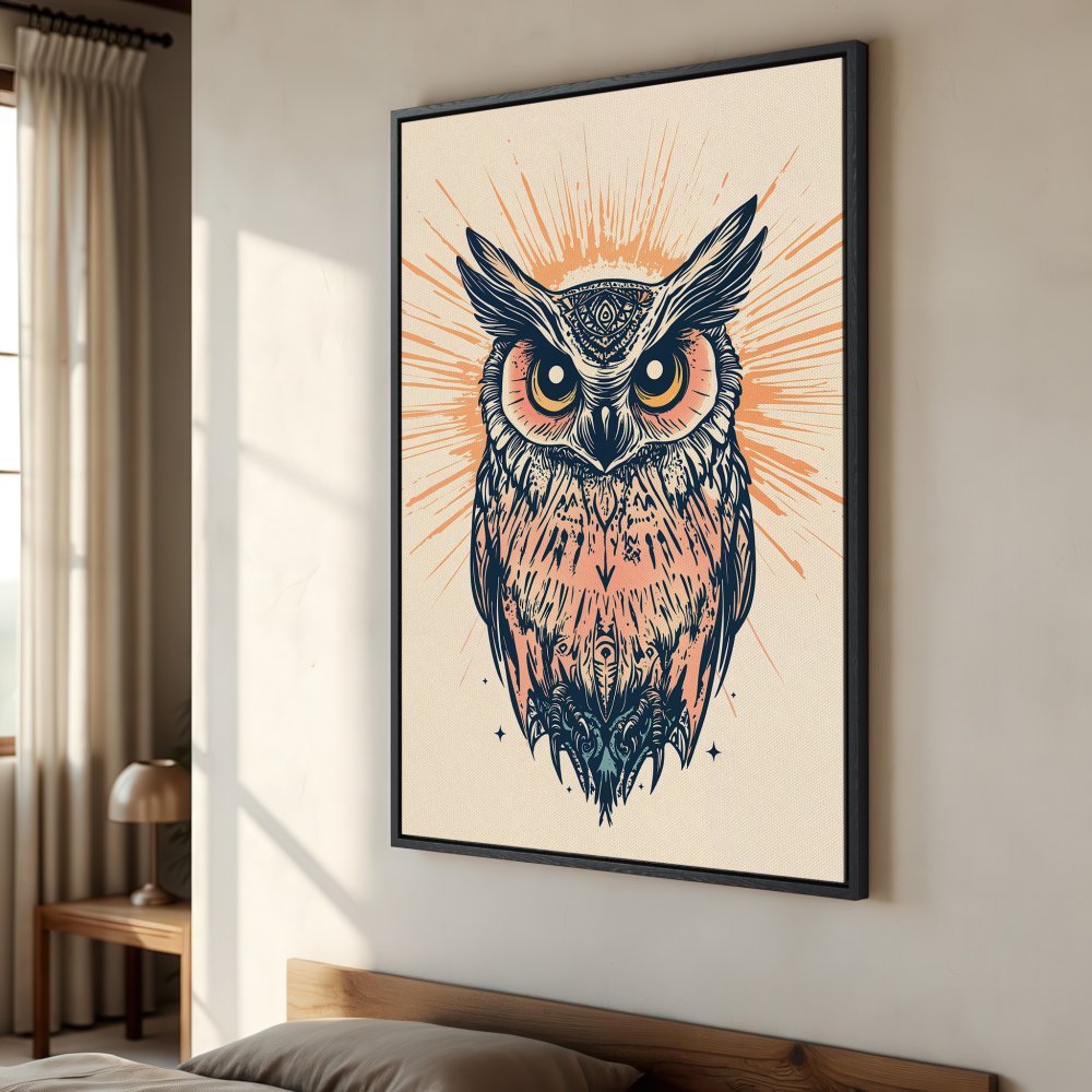 Framed Wall Art featuring a stylized owl illustration in a boho style with a peach, navy, and cream color palette. Perfect for any room!