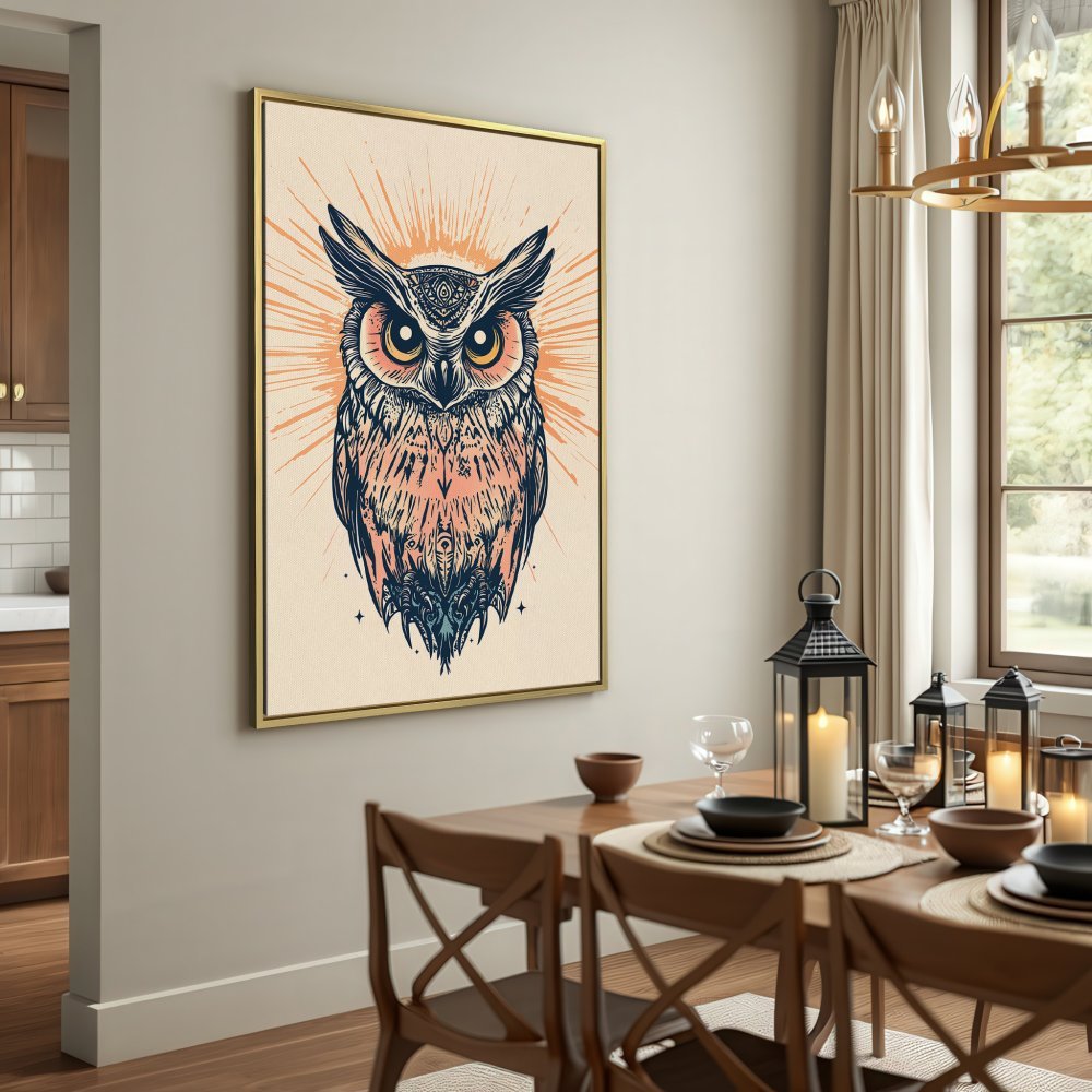 Boho Canvas Print: Majestic owl art in warm peach and navy tones. Perfect wall decor for a stylish living room.