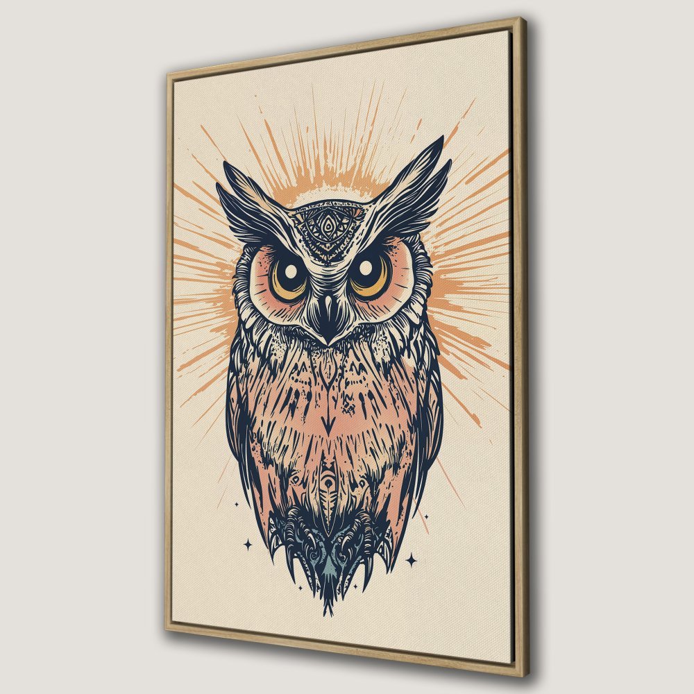 Framed Wall Art: Boho owl illustration in warm peach and navy tones. Add a touch of nature and style to your home with this canvas print.