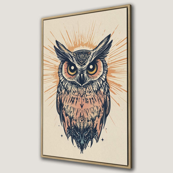 Framed Wall Art: Boho owl illustration in warm peach and navy tones. Add a touch of nature and style to your home with this canvas print.