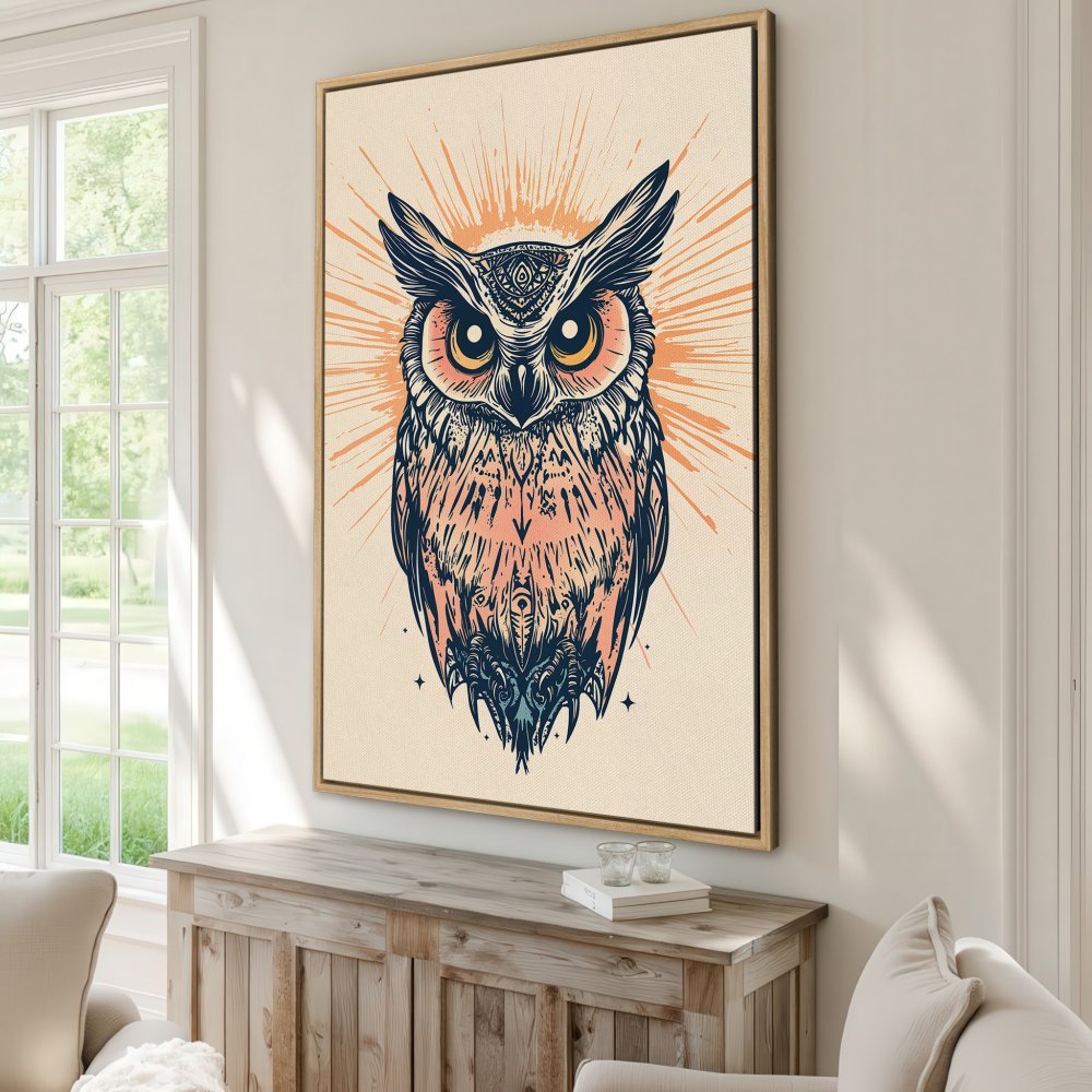 Framed Wall Art: Majestic owl illustration in a vibrant, vintage style. Earthy tones of peach, navy, and cream create a stunning focal point.