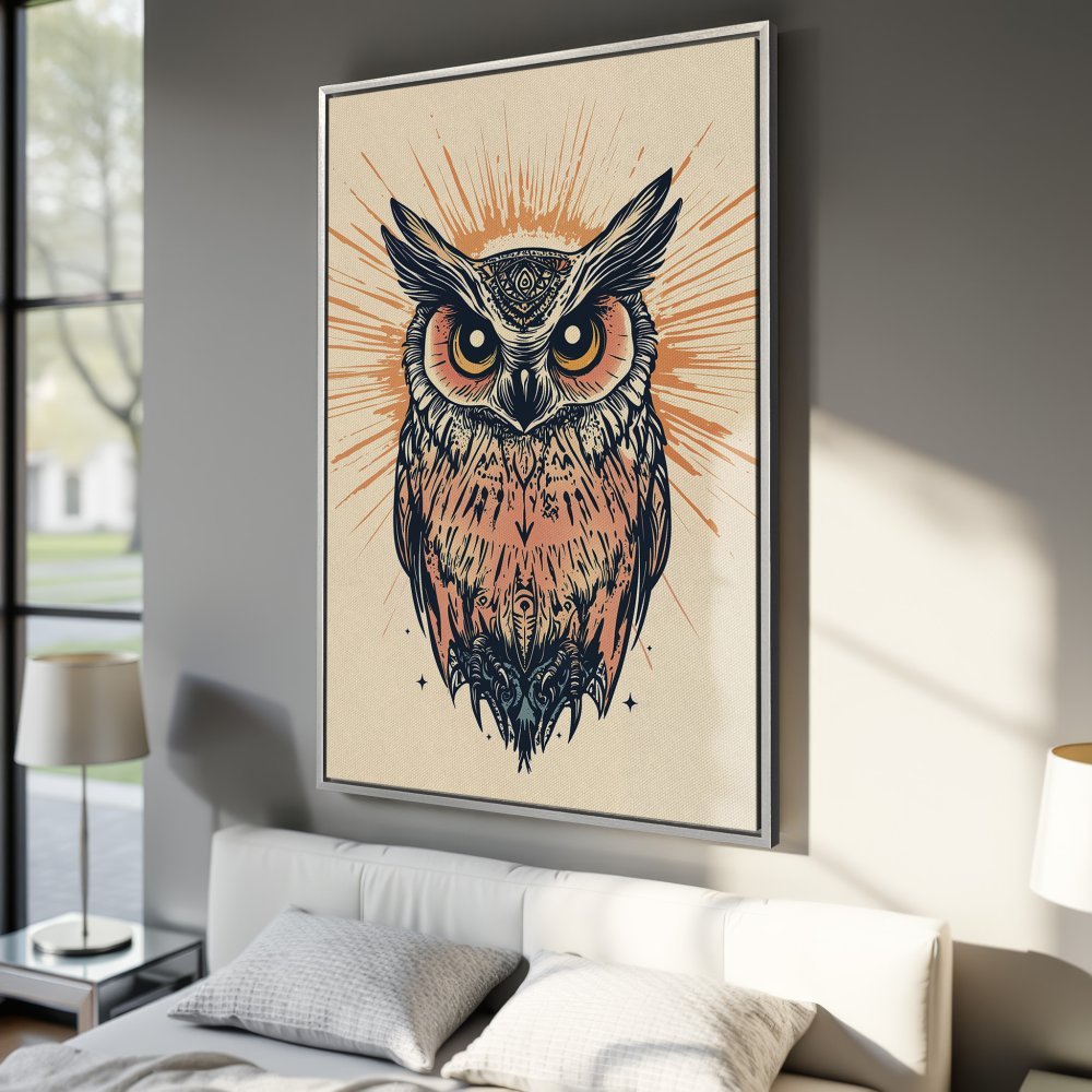 Framed Wall Art: Boho owl canvas print with warm orange and teal accents. Perfect for adding a touch of nature and style to any room. Shop now!