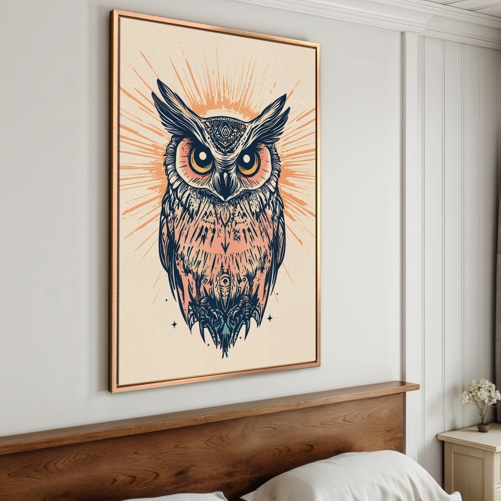 Framed Wall Art: Boho owl print in peach, navy, and cream. Add a touch of nature and style to your space with this unique canvas print.