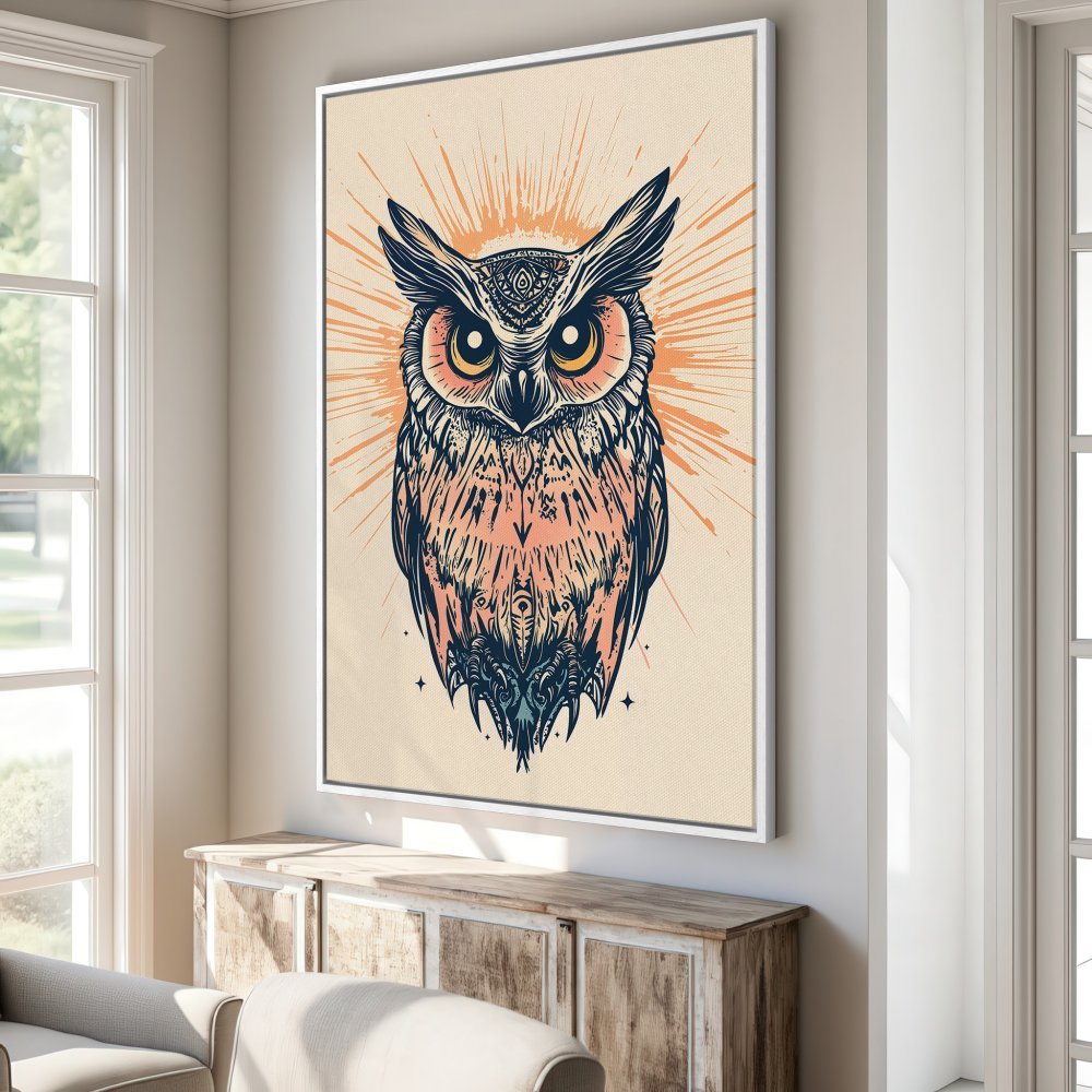 Framed Wall Art: Boho owl illustration canvas print in warm peach and navy tones. Perfect for adding a unique touch to your home decor.