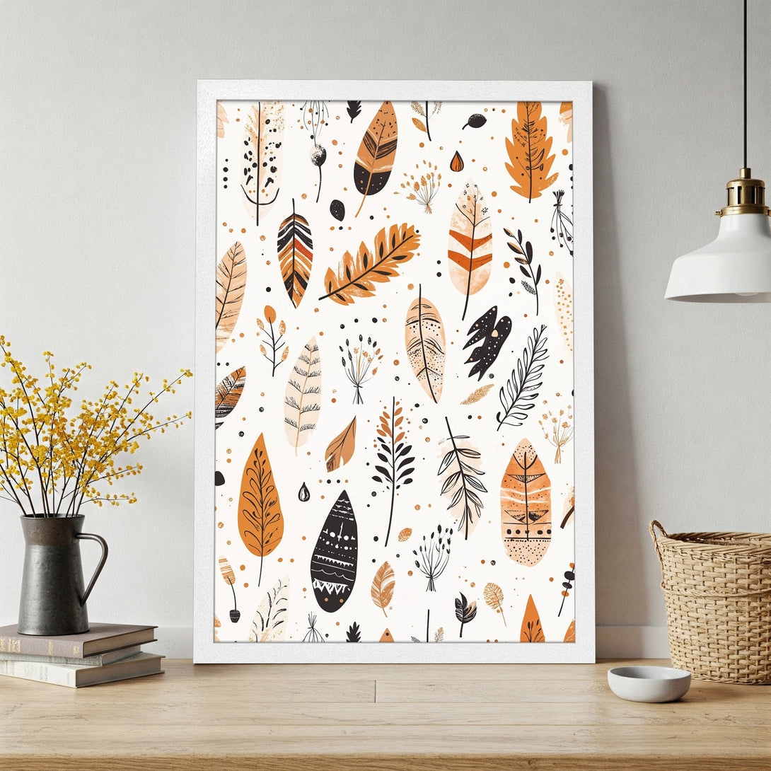 Framed Poster featuring a boho feather pattern in warm orange and black tones. Perfect wall art for a cozy home.
