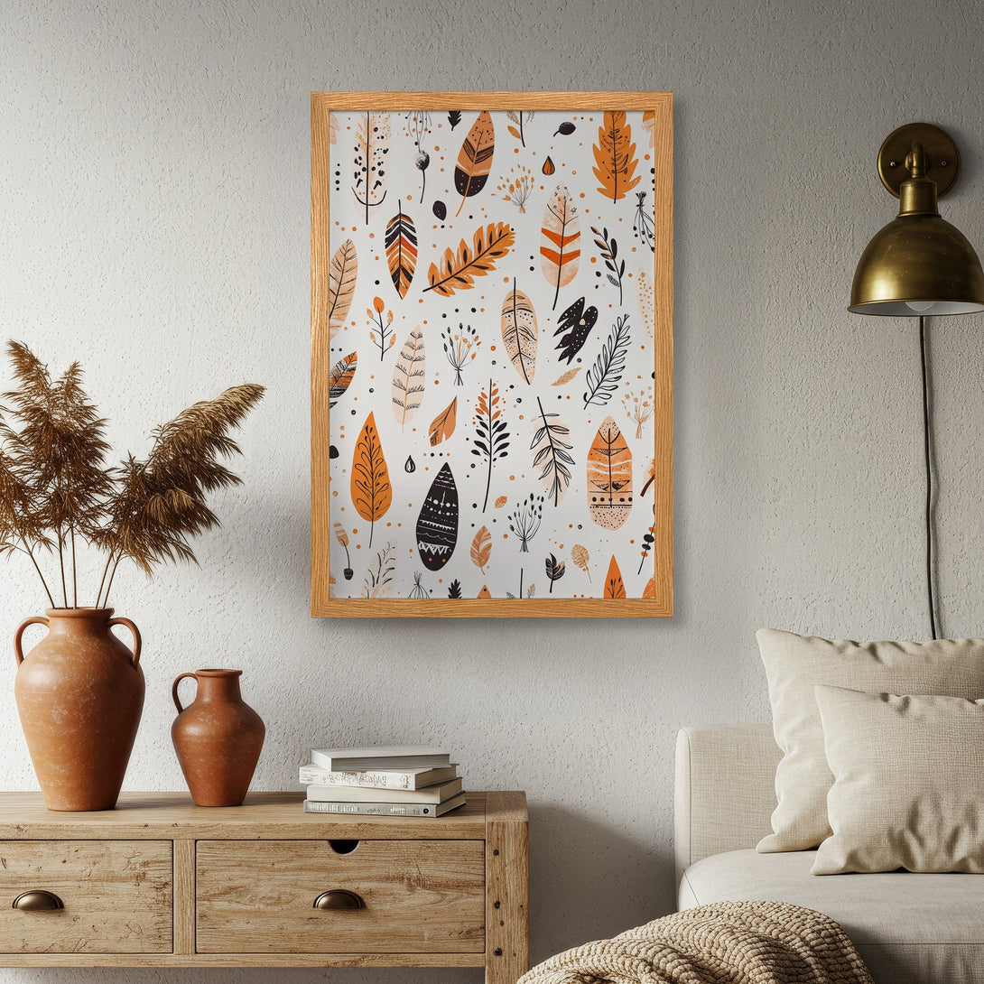 Framed Poster featuring a botanical pattern in a warm, earthy color palette. Perfect for adding a touch of nature-inspired art to your home.