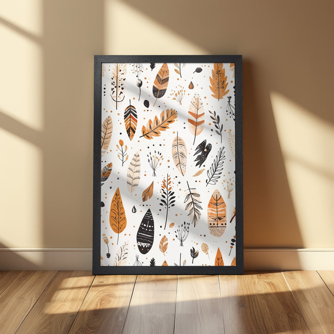 Framed Poster featuring an abstract feather design in earthy tones. Perfect wall art for a boho-chic aesthetic.
