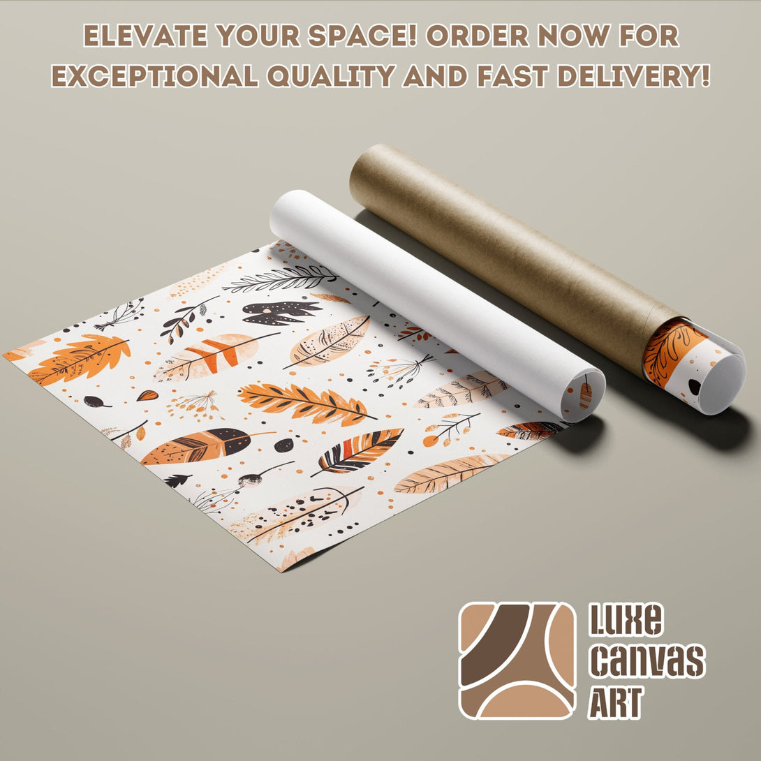 Poster Roll with feather design in warm tones. Modern art for your home. Shop now!