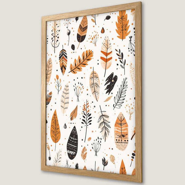Framed Poster featuring a boho feather pattern in orange, black, and beige. Perfect for adding a touch of nature-inspired art to your home.