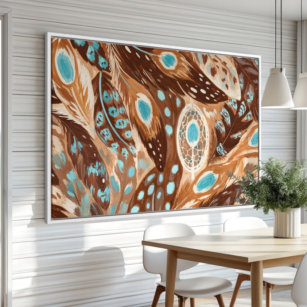 Framed Wall Art featuring a bohemian feather design in brown, turquoise, and beige. Perfect for adding a touch of nature-inspired style.
