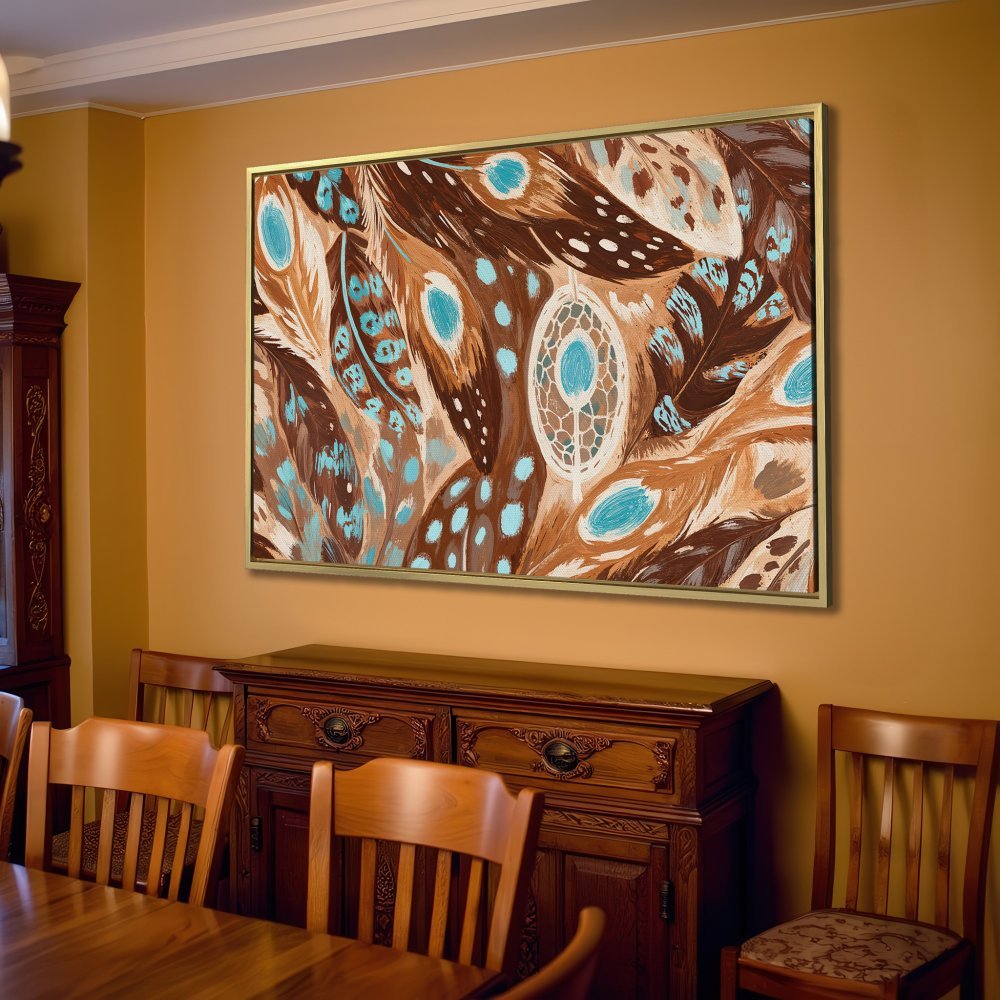 Canvas Print featuring a boho-style feather design in brown, teal, and beige tones. Add a touch of artistry to your space!