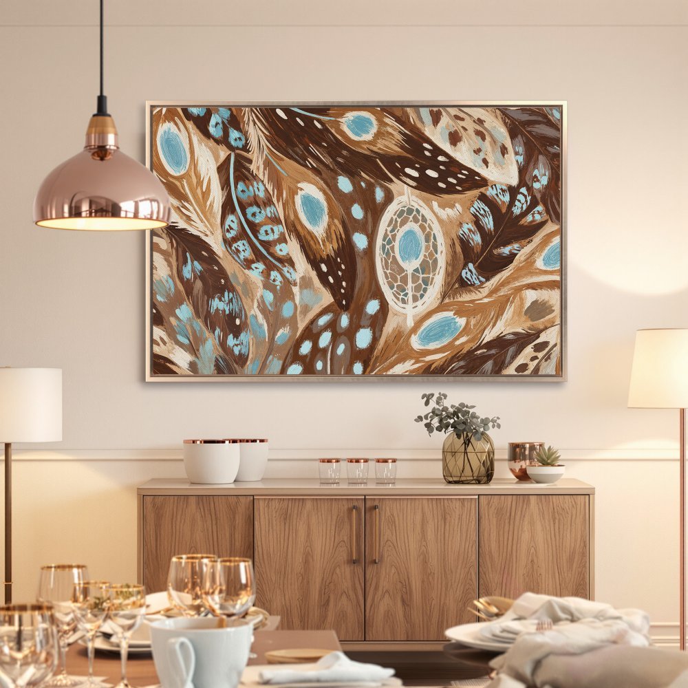 Framed Wall Art: Dreamcatcher & feather Canvas Print in earthy tones. Bohemian style art with brown, teal, and beige color palette, perfect for home decor.