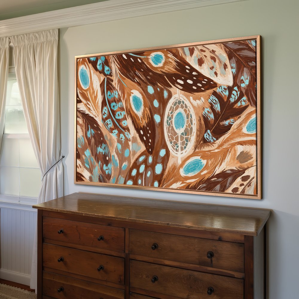 Framed Wall Art: Bohemian feather design in brown, teal, and beige. Canvas print adds a touch of rustic elegance to any space.