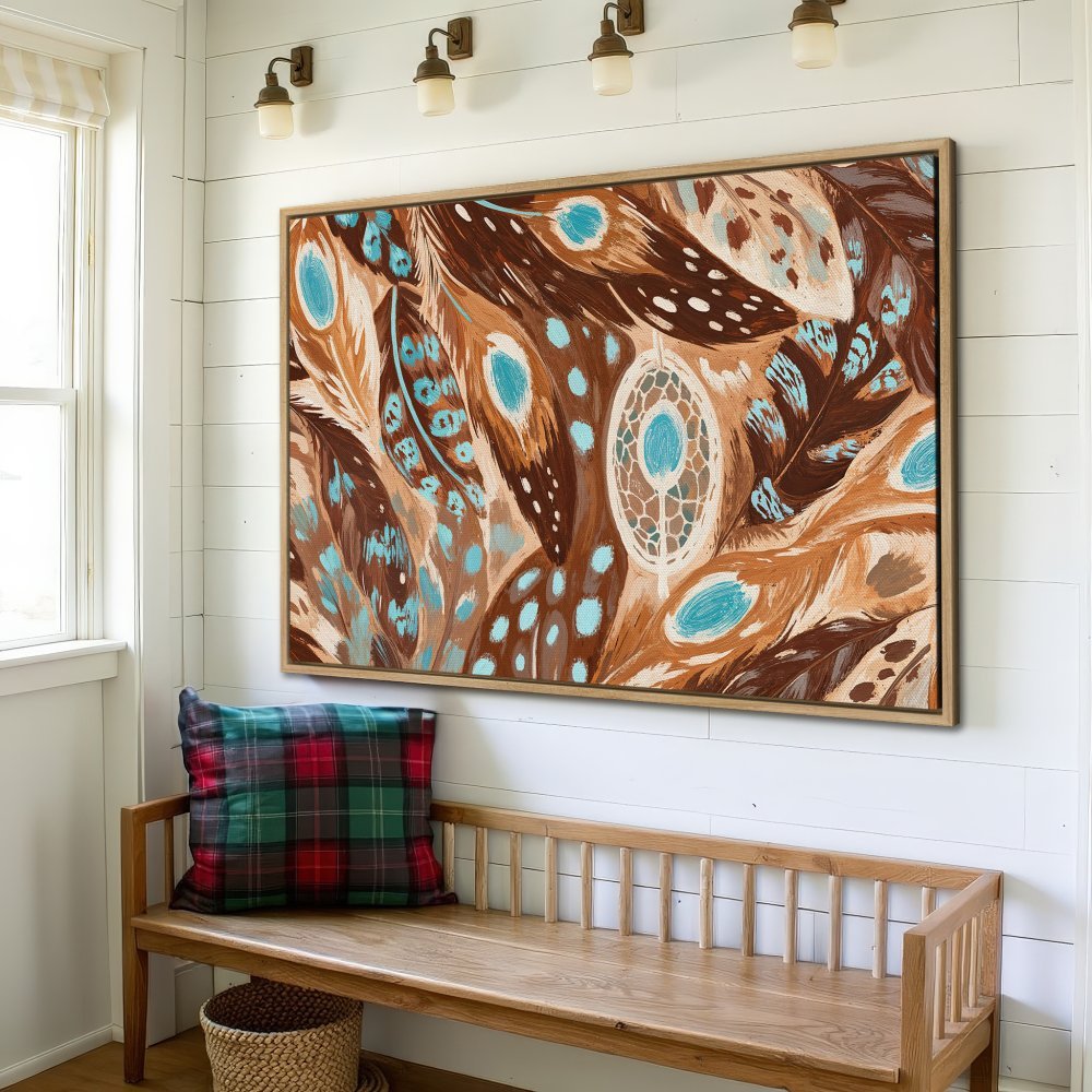 Framed Wall Art: Bohemian feather & dreamcatcher Canvas Print. Earthy tones with turquoise accents. Perfect for living room or bedroom decor.