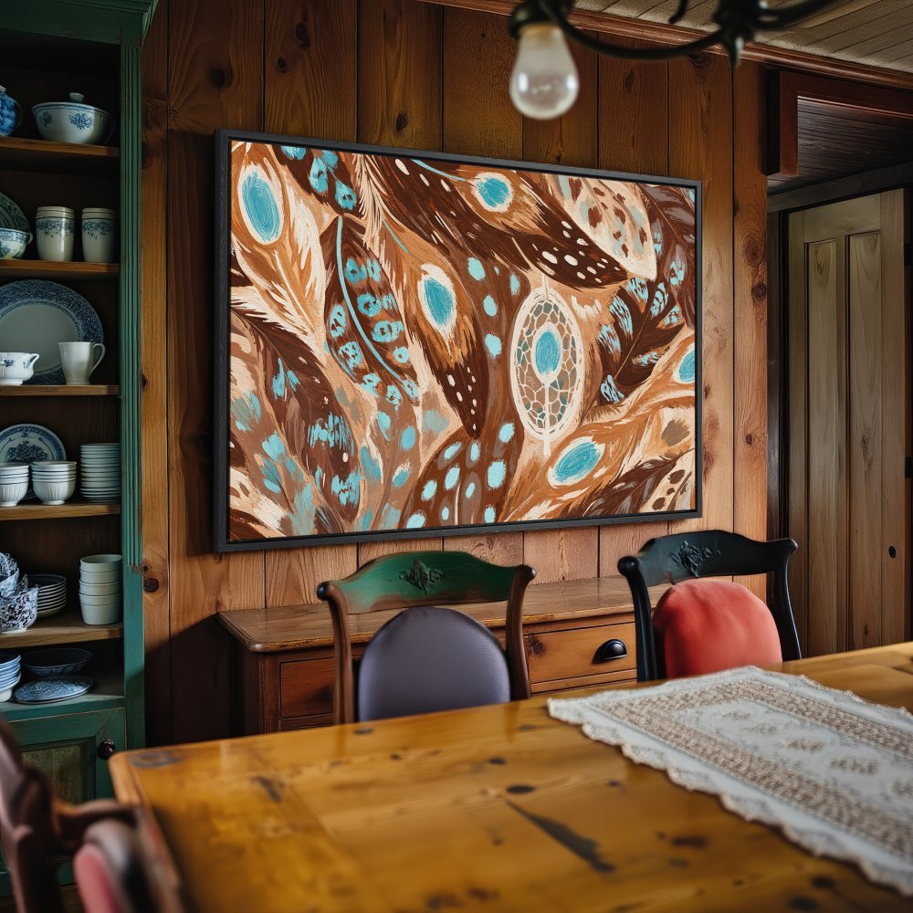 Framed Wall Art featuring a boho-style feather design in brown and teal. Perfect for adding a touch of rustic charm to your home decor.