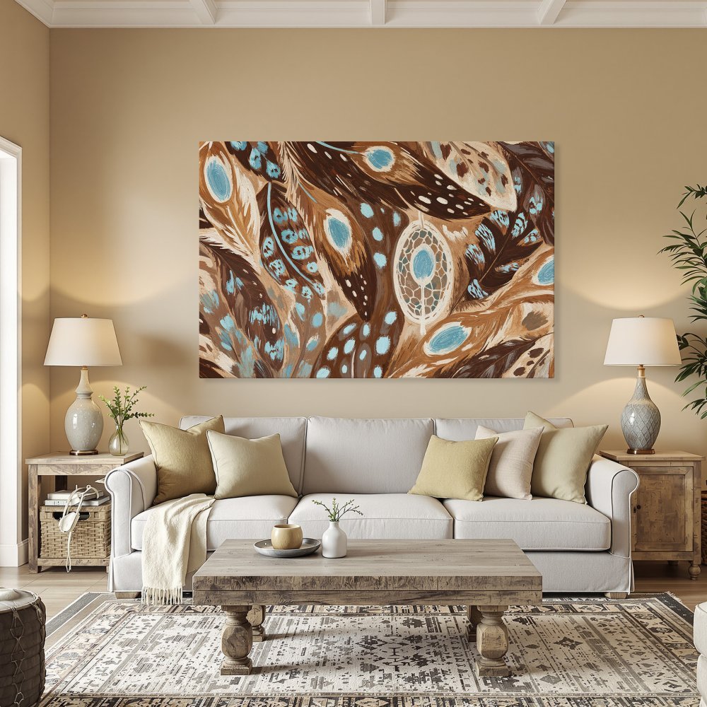 Framed Wall Art featuring a boho-style feather design in brown, teal, and tan. Perfect for adding a touch of elegance to any room.